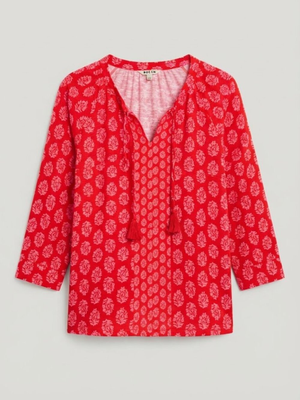 Boden Red Pink Floral Cotton Tassel Tie V-Neck Boho Tunic Top Size Large L